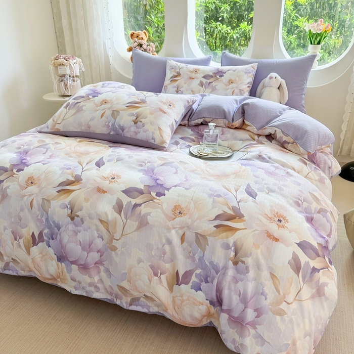 91家纺网 家纺一手货源 找家纺 壹号库 2025新款A类提花有氧彩竺绵四件套牡丹锦华