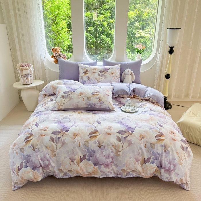 91家纺网 家纺一手货源 找家纺 壹号库 2025新款A类提花有氧彩竺绵四件套牡丹锦华