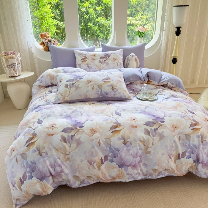 91家纺网 家纺一手货源 找家纺 壹号库 2025新款A类提花有氧彩竺绵四件套牡丹锦华