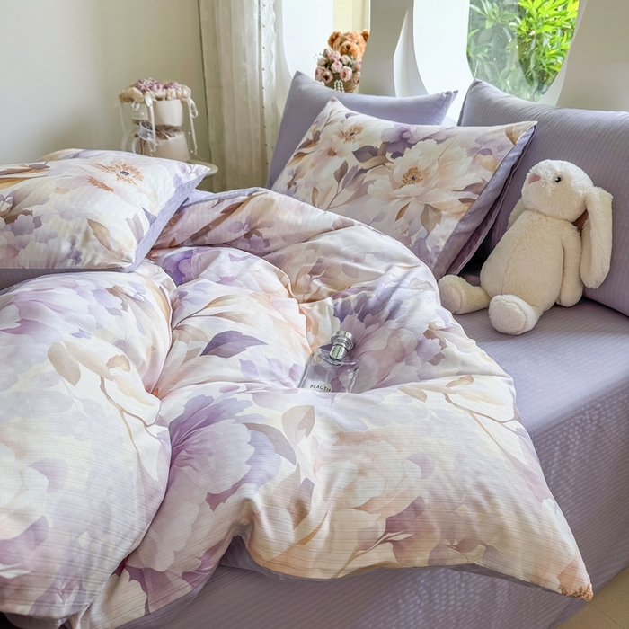 91家纺网 家纺一手货源 找家纺 壹号库 2025新款A类提花有氧彩竺绵四件套牡丹锦华