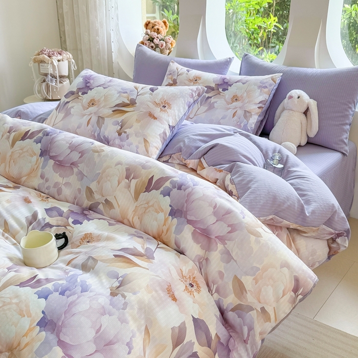 91家纺网 家纺一手货源 找家纺 壹号库 2025新款A类提花有氧彩竺绵四件套牡丹锦华