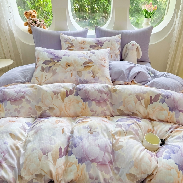 91家纺网 家纺一手货源 找家纺 壹号库 2025新款A类提花有氧彩竺绵四件套牡丹锦华