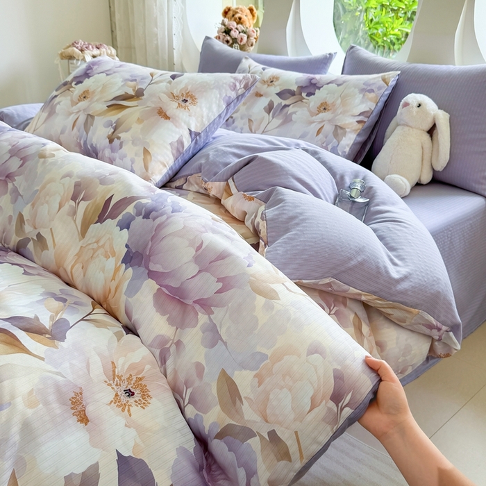 91家纺网 家纺一手货源 找家纺 壹号库 2025新款A类提花有氧彩竺绵四件套牡丹锦华