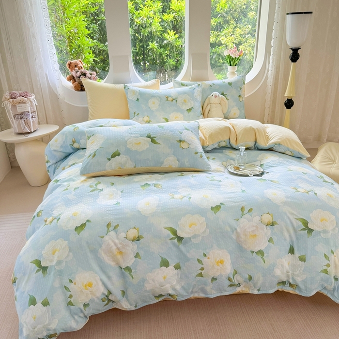 91家纺网 家纺一手货源 找家纺 壹号库 2025新款A类提花有氧彩竺绵四件套雪海山茶