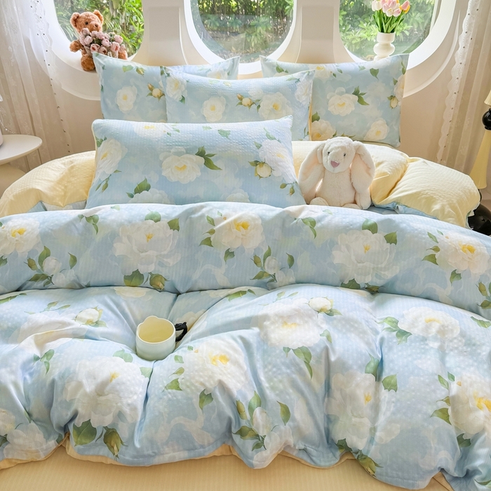 91家纺网 家纺一手货源 找家纺 壹号库 2025新款A类提花有氧彩竺绵四件套雪海山茶