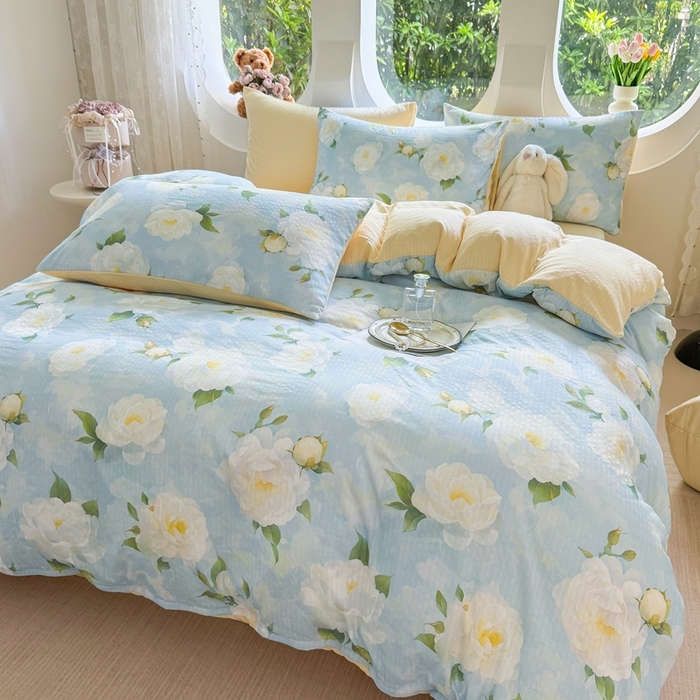 91家纺网 家纺一手货源 找家纺 壹号库 2025新款A类提花有氧彩竺绵四件套雪海山茶