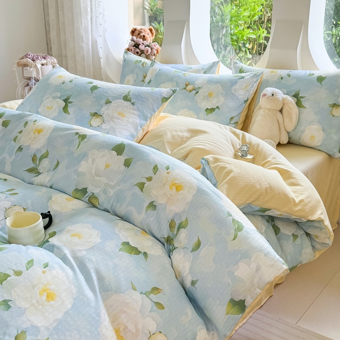 91家纺网 家纺一手货源 找家纺 壹号库 2025新款A类提花有氧彩竺绵四件套雪海山茶