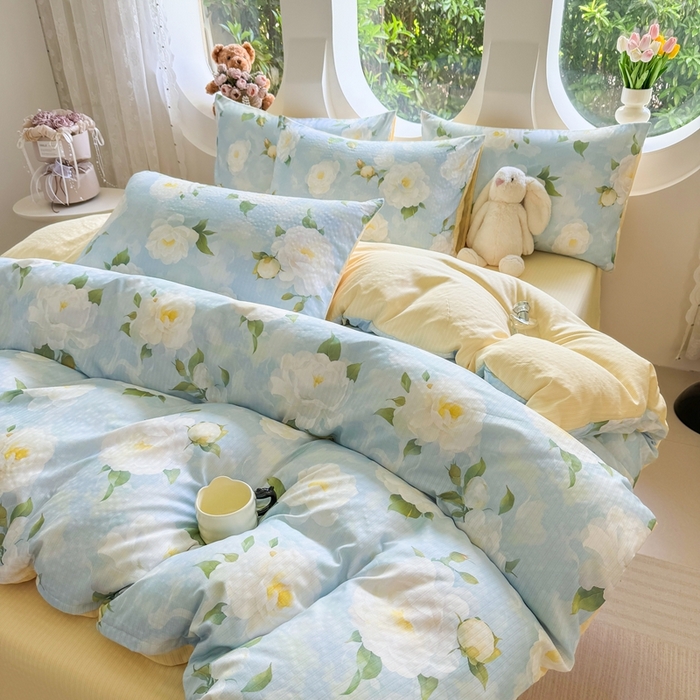 91家纺网 家纺一手货源 找家纺 壹号库 2025新款A类提花有氧彩竺绵四件套雪海山茶