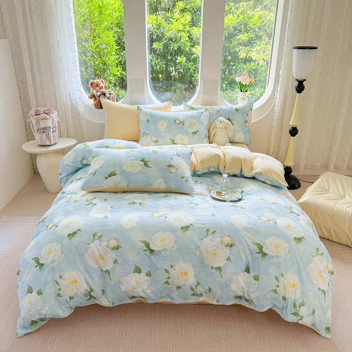 91家纺网 家纺一手货源 找家纺 壹号库 2025新款A类提花有氧彩竺绵四件套雪海山茶