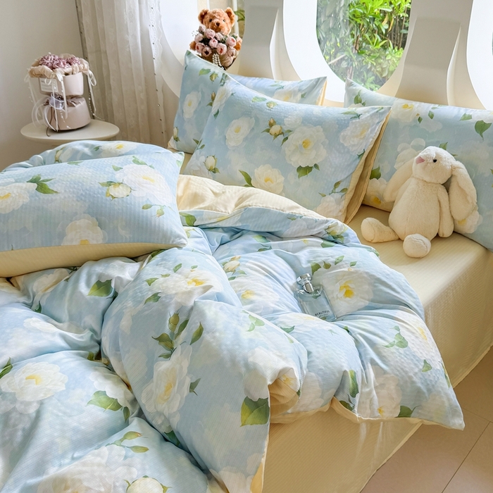 91家纺网 家纺一手货源 找家纺 壹号库 2025新款A类提花有氧彩竺绵四件套雪海山茶