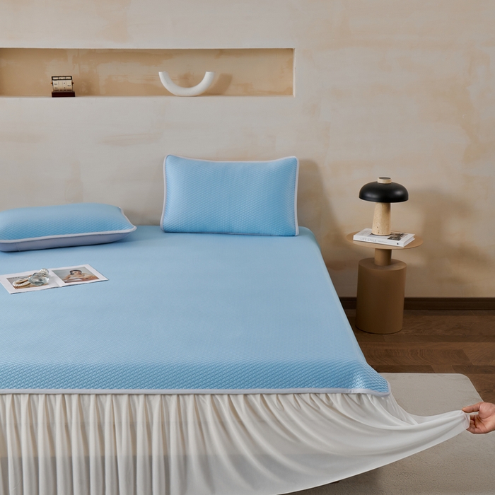 91家纺网 家纺一手货源 找家纺 羽梦家纺 2026新款凉席床裙款银丝凉席席子 天空蓝