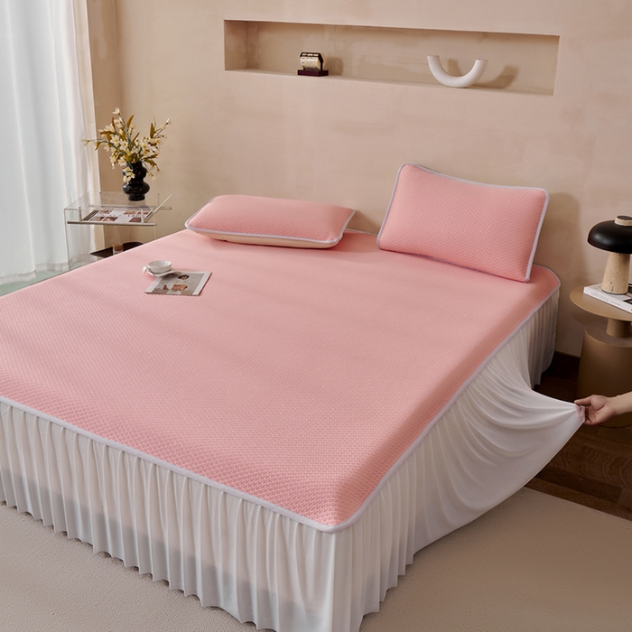 羽梦家纺 2026新款凉席床裙款银丝凉席席子 樱花粉