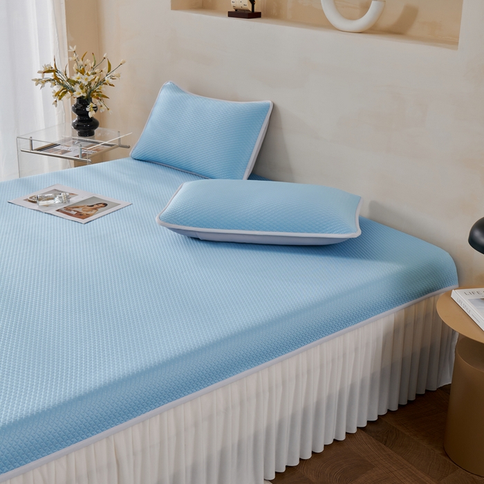 91家纺网 家纺一手货源 找家纺 羽梦家纺 2026新款凉席床裙款银丝凉席席子 天空蓝