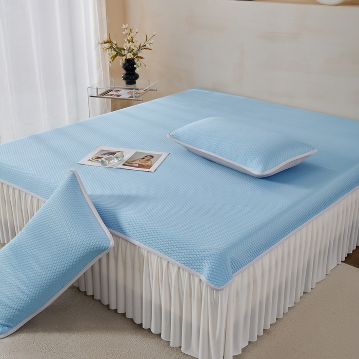 91家纺网 家纺一手货源 找家纺 羽梦家纺 2026新款凉席床裙款银丝凉席席子 天空蓝