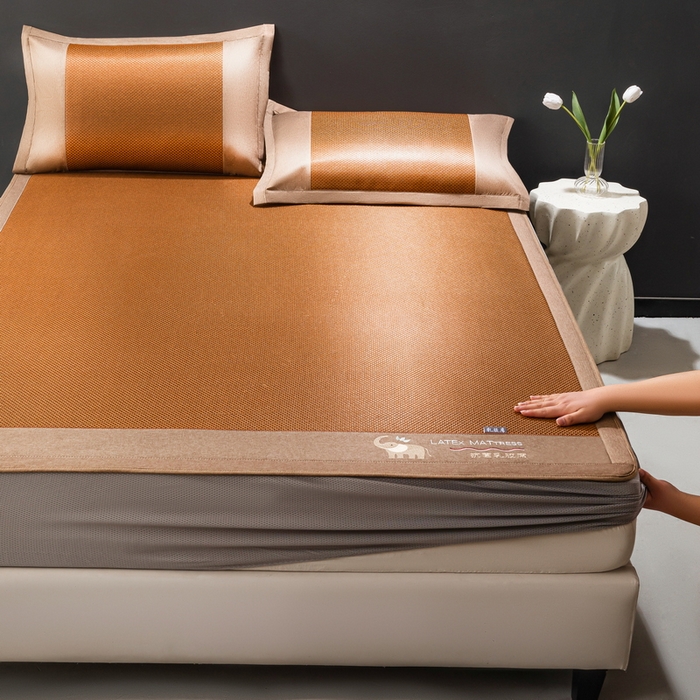 91家纺网 家纺一手货源 找家纺 yyds网供 2026新款冰藤乳胶凉席三件套床席款床笠款刺绣可水机洗空调婴儿童单人软藤席 床笠-乳胶冰藤席-咖色