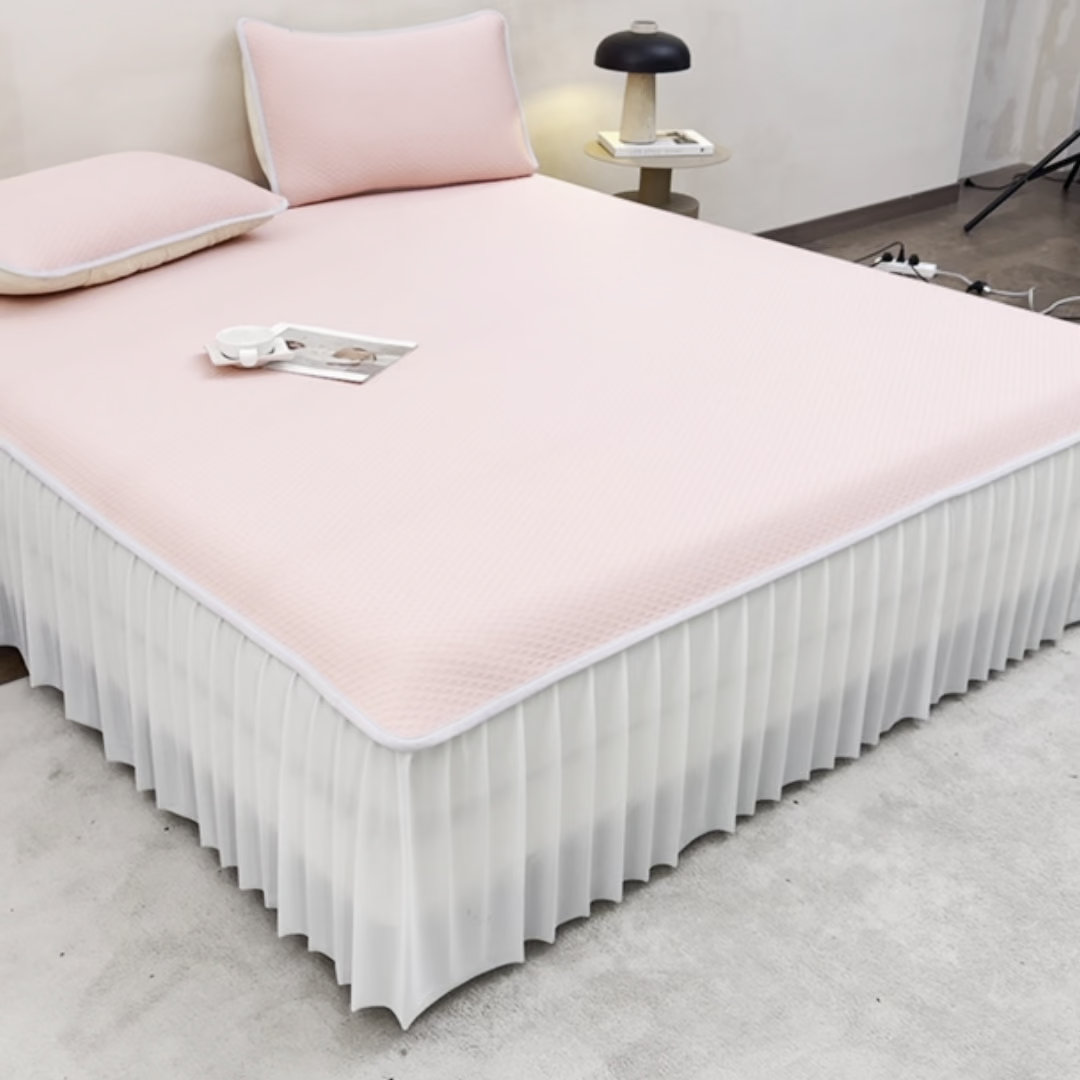 91家纺网 家纺一手货源 找家纺 羽梦家纺 2026新款凉席床裙款银丝凉席席子 樱花粉