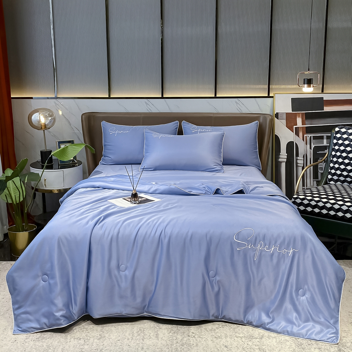 91家纺网 家纺一手货源 找家纺 吾秀家居 2026新款字母刺绣水洗天丝夏被夏凉被空调被四件套-字母 字母黄兰