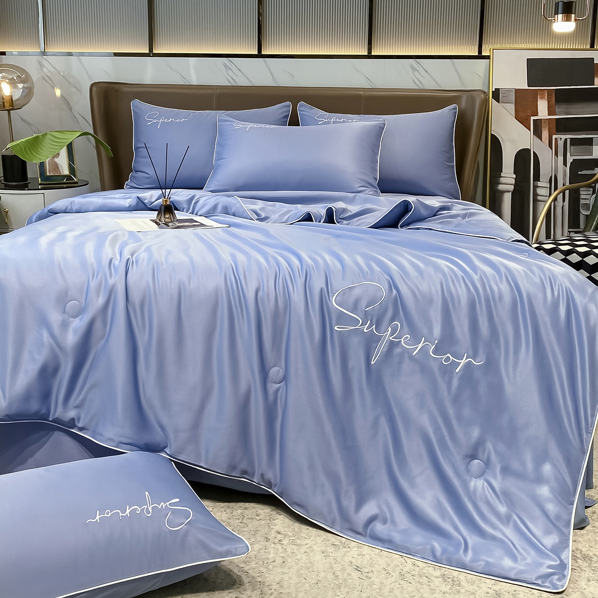 91家纺网 家纺一手货源 找家纺 吾秀家居 2026新款字母刺绣水洗天丝夏被夏凉被空调被四件套-字母 字母黄兰