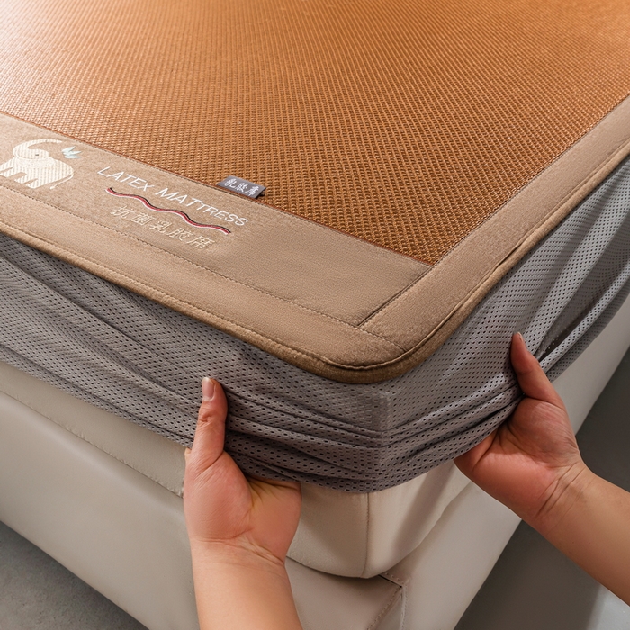 91家纺网 家纺一手货源 找家纺 yyds网供 2026新款冰藤乳胶凉席三件套床席款床笠款刺绣可水机洗空调婴儿童单人软藤席 床笠-乳胶冰藤席-咖色