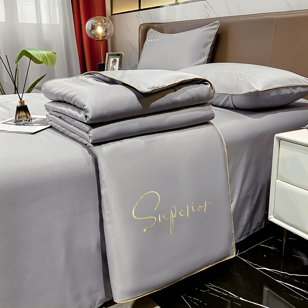 吾秀家居 2026新款字母刺绣水洗天丝夏被夏凉被空调被四件套-字母 字母经典灰