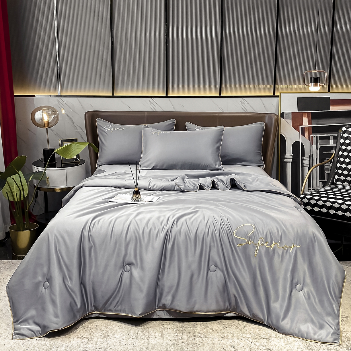 91家纺网 家纺一手货源 找家纺 吾秀家居 2026新款字母刺绣水洗天丝夏被夏凉被空调被四件套-字母 字母经典灰