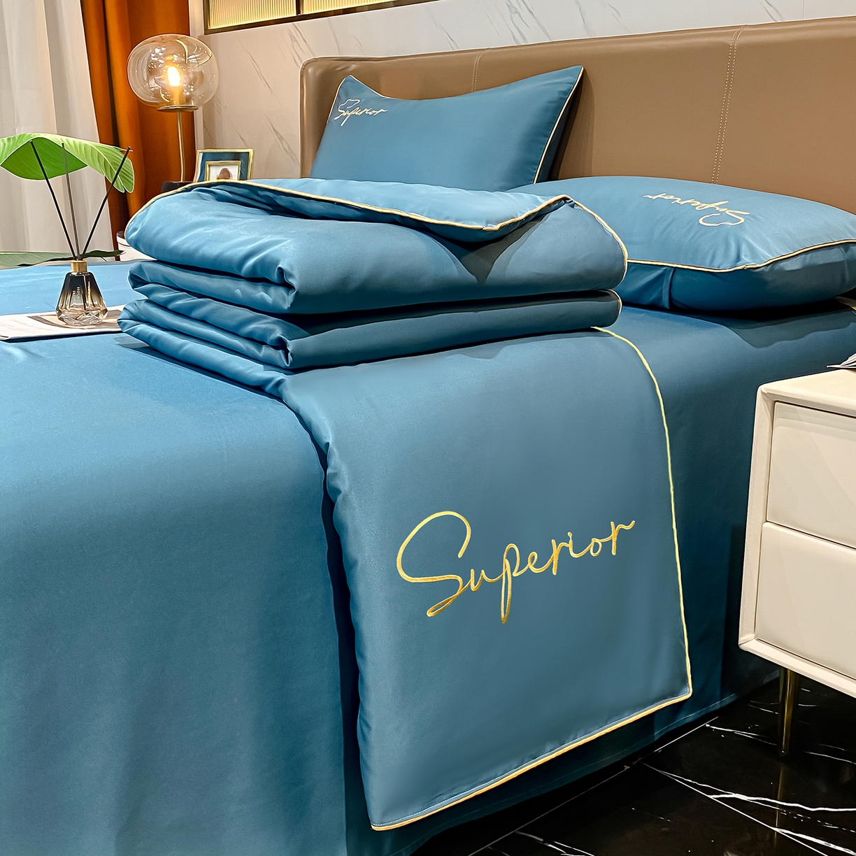 吾秀家居 2026新款字母刺绣水洗天丝夏被夏凉被空调被四件套-字母 字母静谧蓝