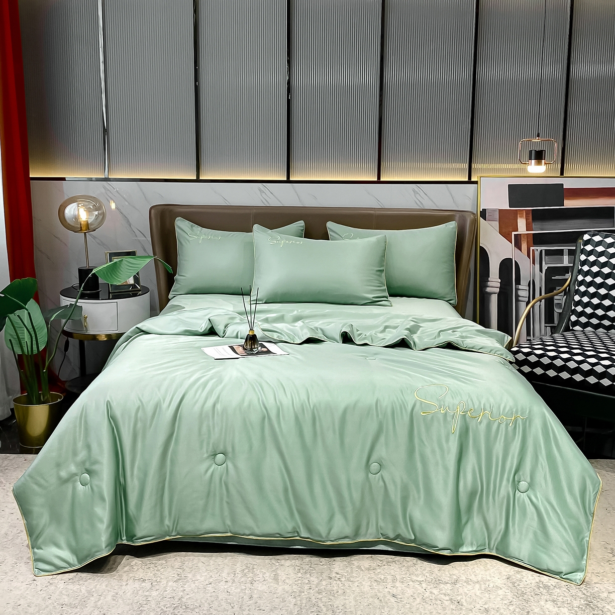 91家纺网 家纺一手货源 找家纺 吾秀家居 2026新款字母刺绣水洗天丝夏被夏凉被空调被四件套-字母 字母琉璃绿