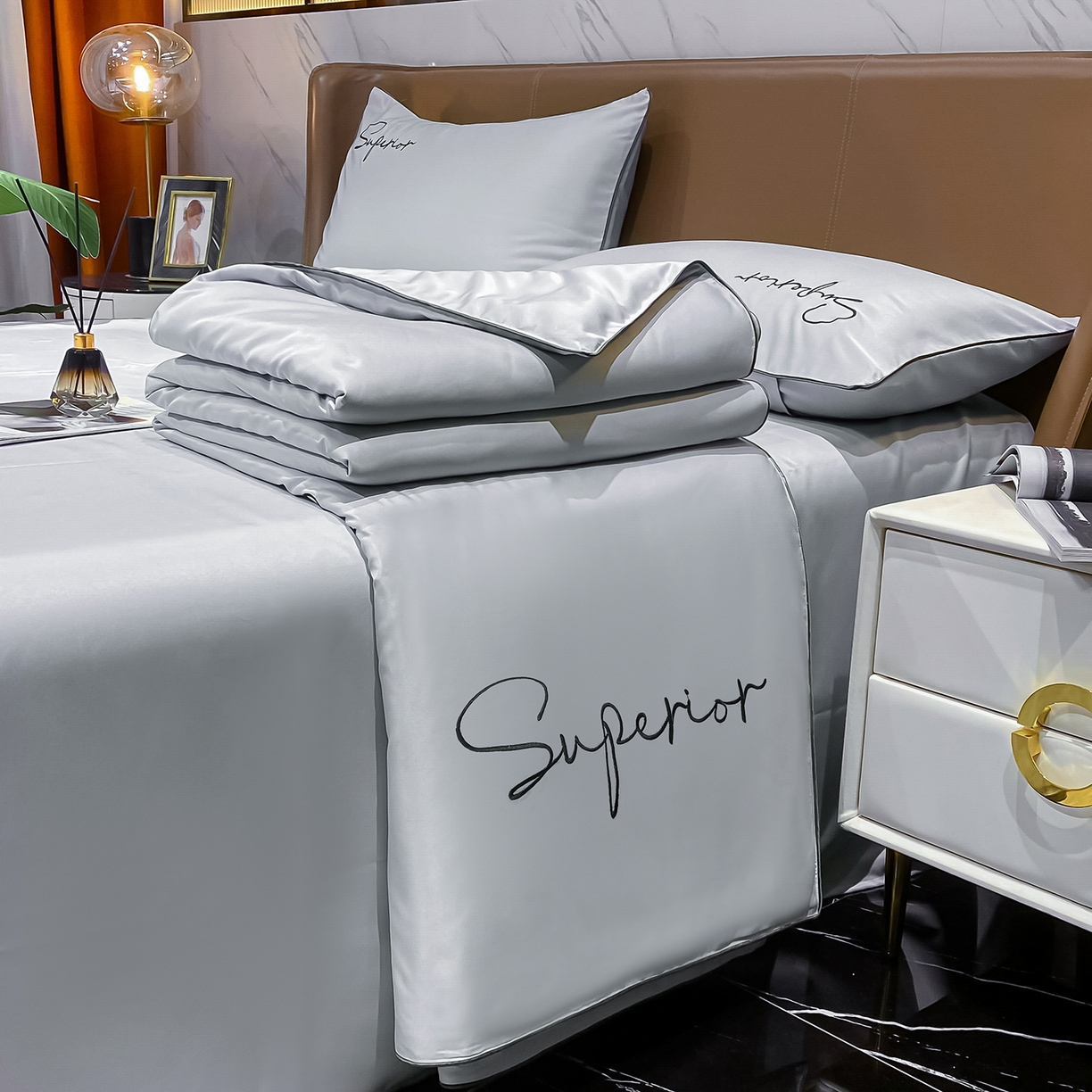 吾秀家居 2026新款字母刺绣水洗天丝夏被夏凉被空调被四件套-字母 字母气质灰