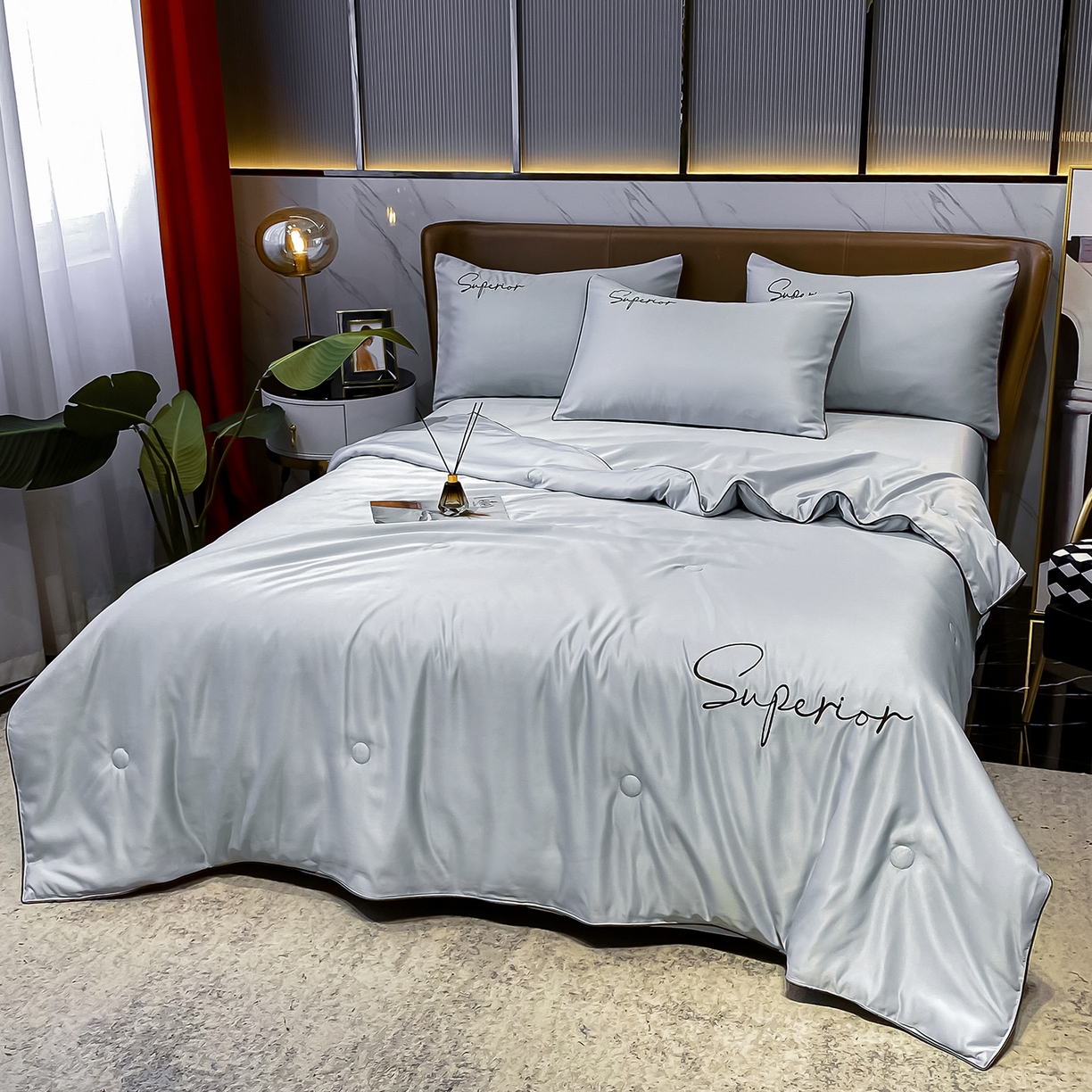 91家纺网 家纺一手货源 找家纺 吾秀家居 2026新款字母刺绣水洗天丝夏被夏凉被空调被四件套-字母 字母气质灰