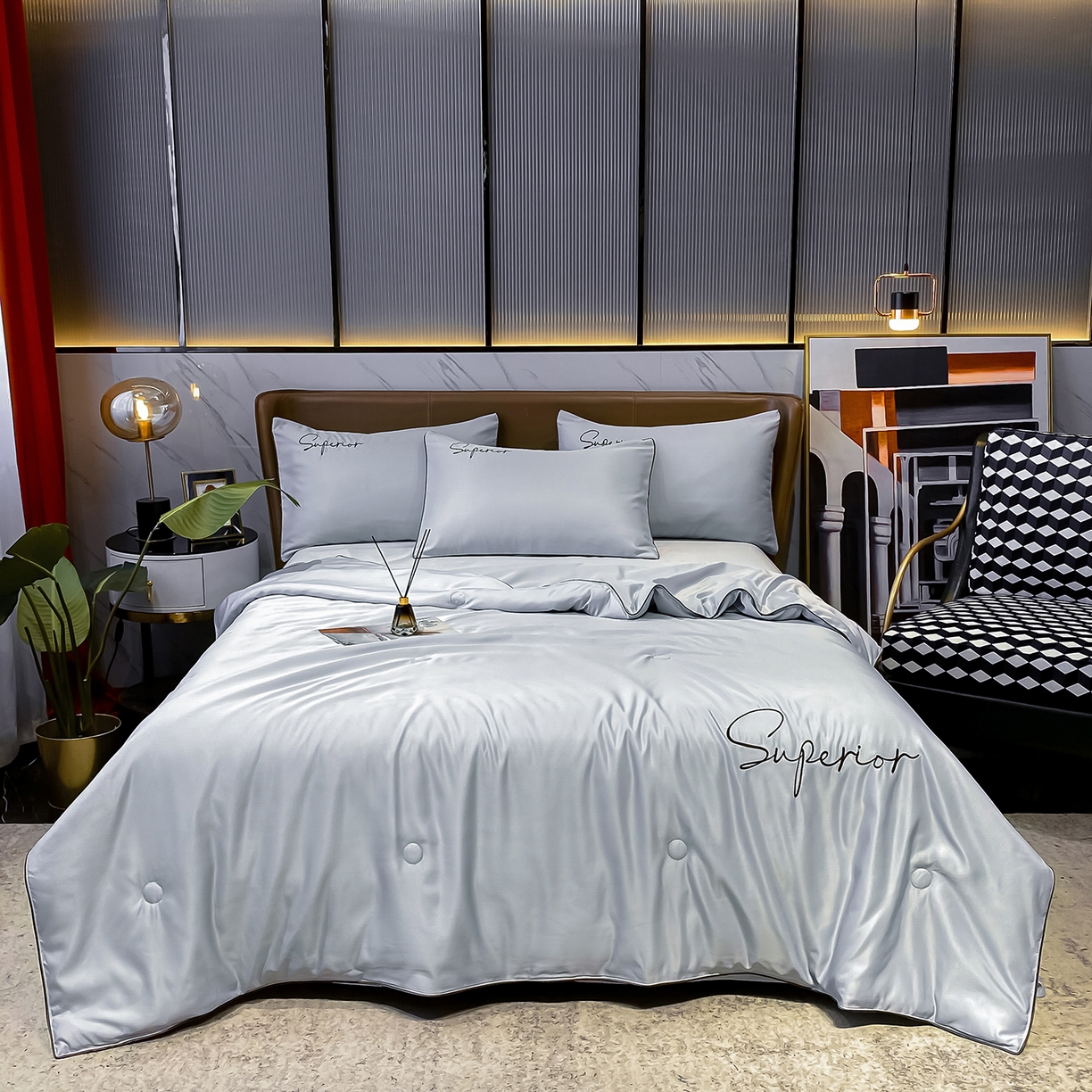 91家纺网 家纺一手货源 找家纺 吾秀家居 2026新款字母刺绣水洗天丝夏被夏凉被空调被四件套-字母 字母气质灰