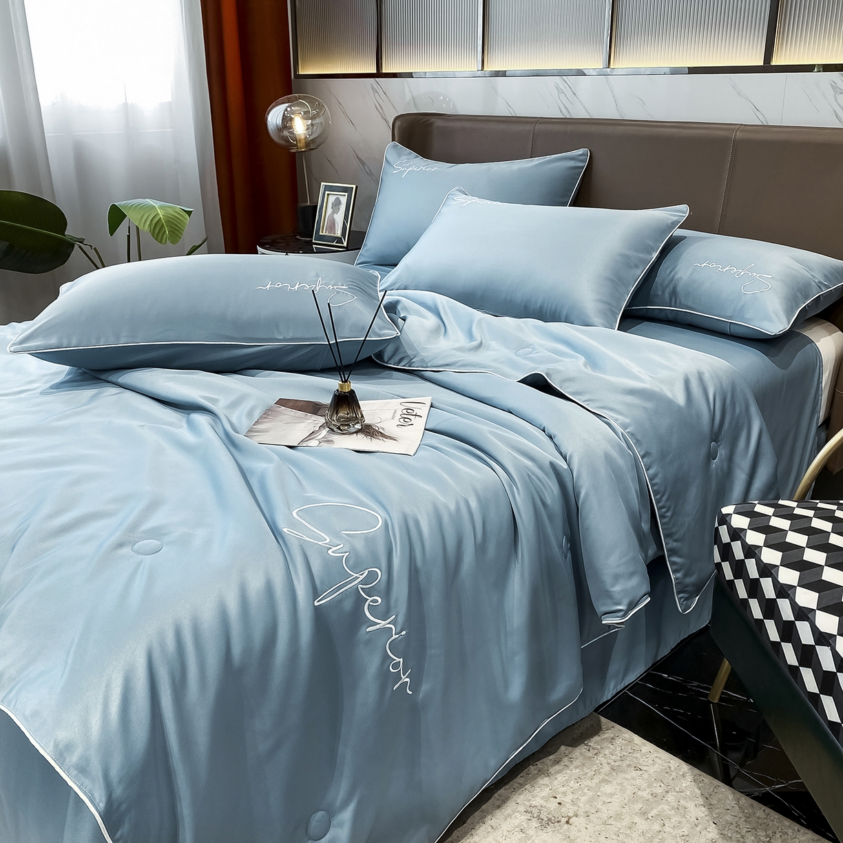 91家纺网 家纺一手货源 找家纺 吾秀家居 2026新款字母刺绣水洗天丝夏被夏凉被空调被四件套-字母 字母石兰