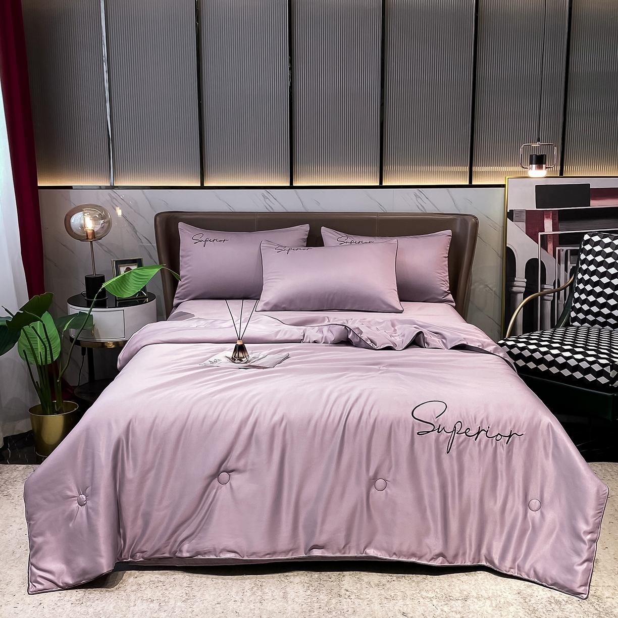 91家纺网 家纺一手货源 找家纺 吾秀家居 2026新款字母刺绣水洗天丝夏被夏凉被空调被四件套-字母 字母烟熏紫