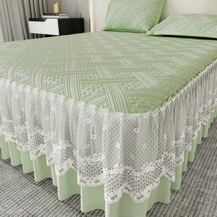 91家纺网 家纺一手货源 找家纺 宜派家纺 2026新款PE凉感丝床裙款凉席三件套 织序床裙-绿