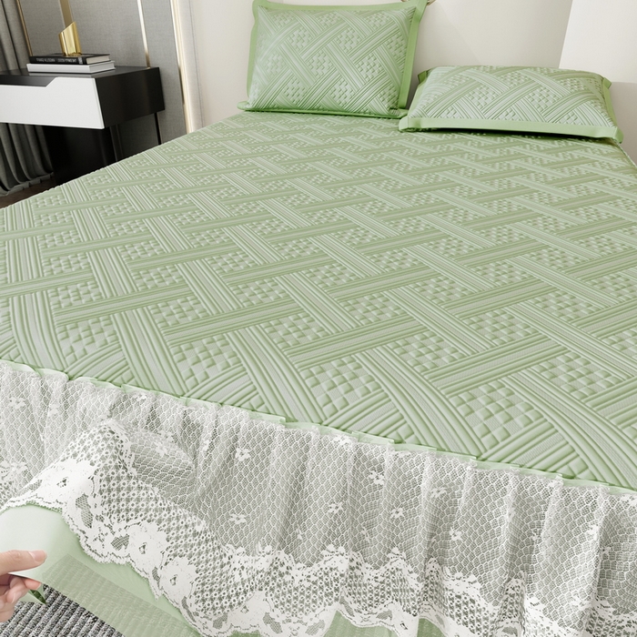 91家纺网 家纺一手货源 找家纺 宜派家纺 2026新款PE凉感丝床裙款凉席三件套 织序床裙-绿