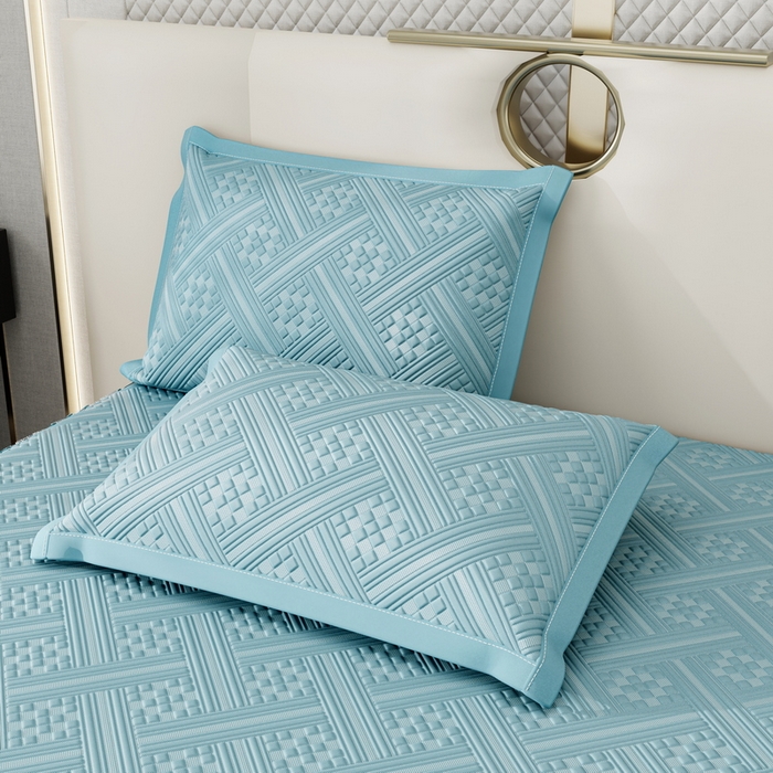 91家纺网 家纺一手货源 找家纺 宜派家纺 2026新款PE凉感丝床裙款凉席三件套 织序床裙-蓝