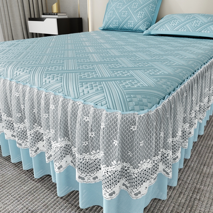 91家纺网 家纺一手货源 找家纺 宜派家纺 2026新款PE凉感丝床裙款凉席三件套 织序床裙-蓝