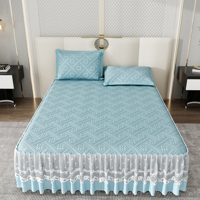 91家纺网 家纺一手货源 找家纺 宜派家纺 2026新款PE凉感丝床裙款凉席三件套 织序床裙-蓝