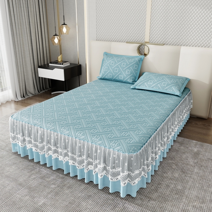 91家纺网 家纺一手货源 找家纺 宜派家纺 2026新款PE凉感丝床裙款凉席三件套 织序床裙-蓝