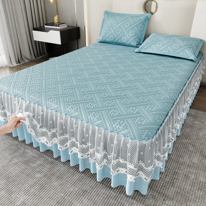 91家纺网 家纺一手货源 找家纺 宜派家纺 2026新款PE凉感丝床裙款凉席三件套 织序床裙-蓝