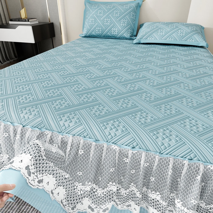 91家纺网 家纺一手货源 找家纺 宜派家纺 2026新款PE凉感丝床裙款凉席三件套 织序床裙-蓝