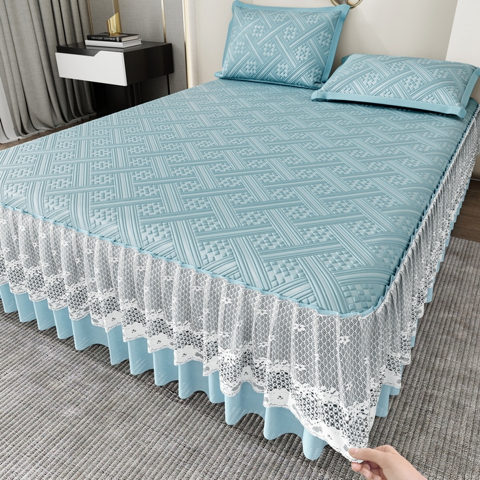 91家纺网 家纺一手货源 找家纺 宜派家纺 2026新款PE凉感丝床裙款凉席三件套 织序床裙-蓝