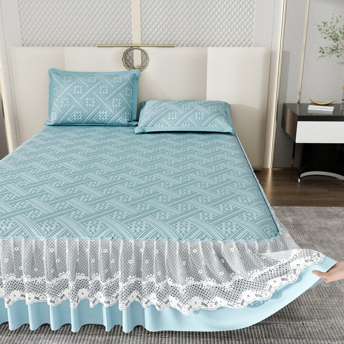 宜派家纺 2026新款PE凉感丝床裙款凉席三件套 织序床裙-蓝