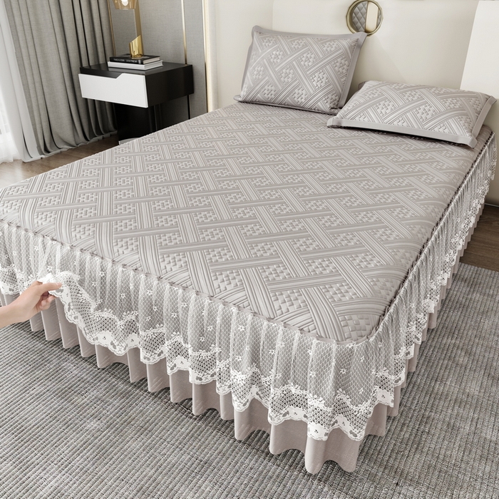 91家纺网 家纺一手货源 找家纺 宜派家纺 2026新款PE凉感丝床裙款凉席三件套 织序床裙-灰