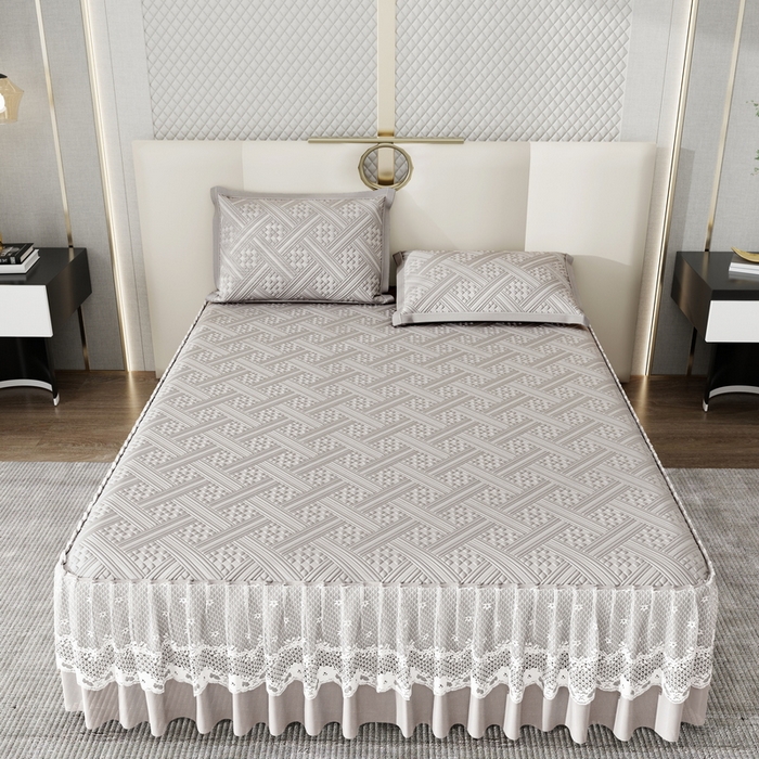 91家纺网 家纺一手货源 找家纺 宜派家纺 2026新款PE凉感丝床裙款凉席三件套 织序床裙-灰