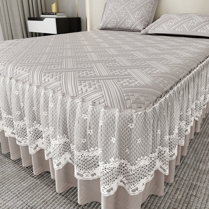 91家纺网 家纺一手货源 找家纺 宜派家纺 2026新款PE凉感丝床裙款凉席三件套 织序床裙-灰