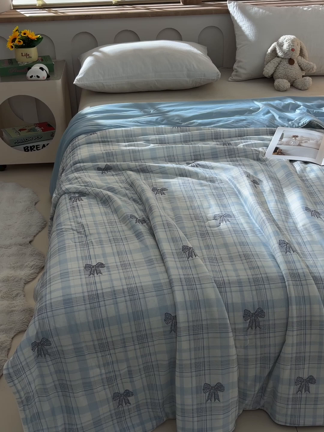 91家纺网 家纺一手货源 找家纺 宝宝纱被业 2026新款纯色凉感夏被 格子蝴蝶结