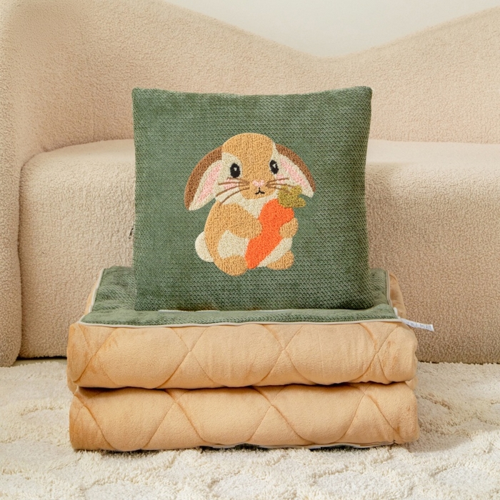 91家纺网 家纺一手货源 找家纺 新奇异 2025新款卡通毛巾绣抱枕被-冬季加厚水晶绒款可爱狗+萝卜兔系列 萝卜兔-绿色加绒加厚