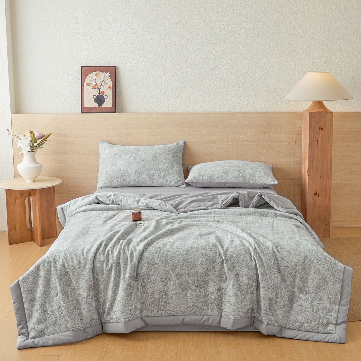 91家纺网 家纺一手货源 找家纺 吾秀家居 2026新款全棉色织提花三层纱夏被夏凉被空调被-华美 简森-灰