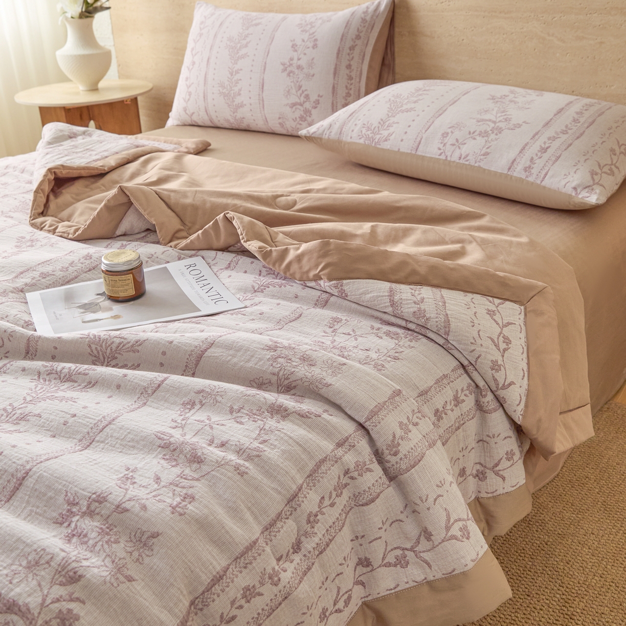 91家纺网 家纺一手货源 找家纺 吾秀家居 2026新款全棉色织提花三层纱夏被夏凉被空调被-华美 恋恋花开