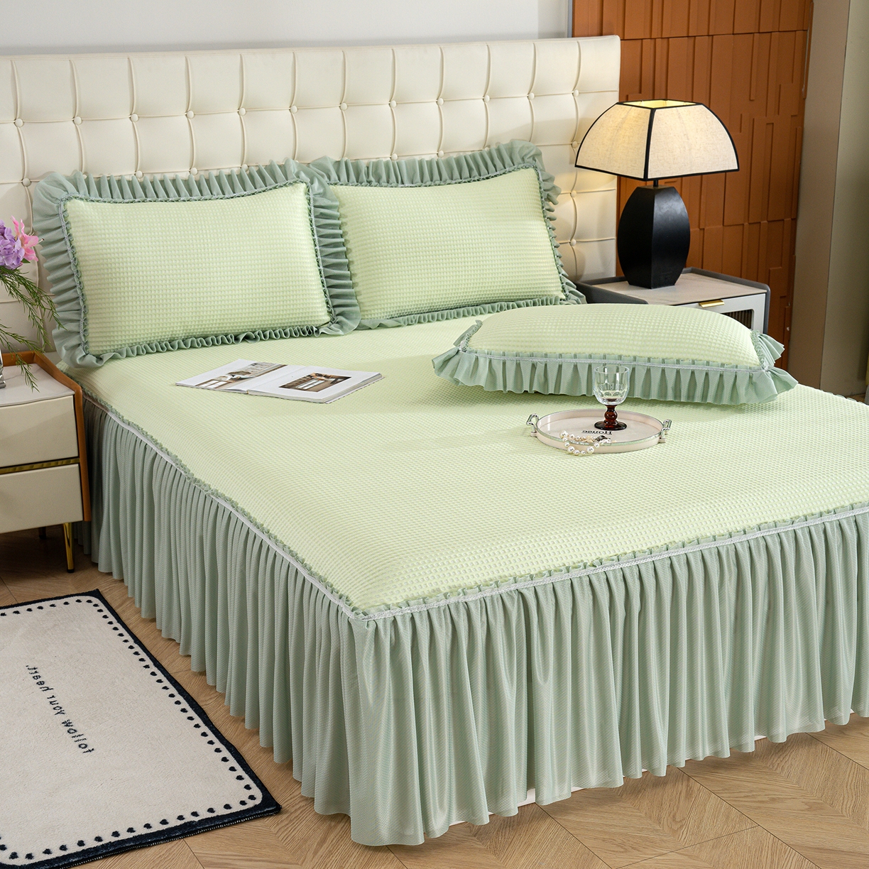 91家纺网 家纺一手货源 找家纺 禹祥家纺 2026新款直播热款3D按摩冰豆豆席子凉席床裙款 绿色